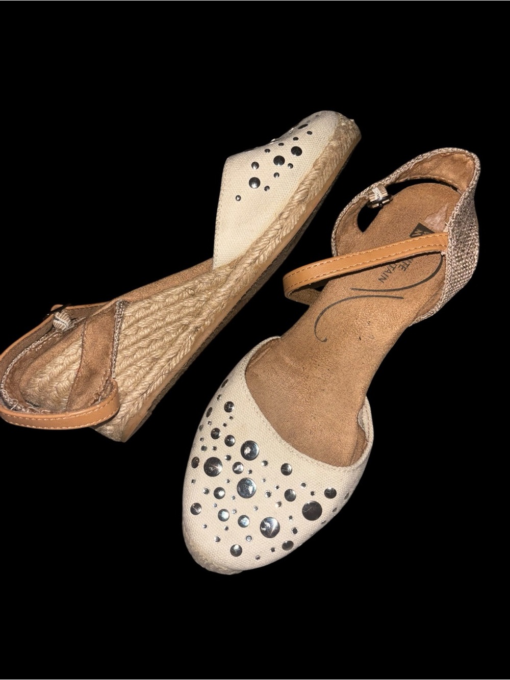 White Mountain Cream Espadrille Wedge Sandals with Rhinestone Accents